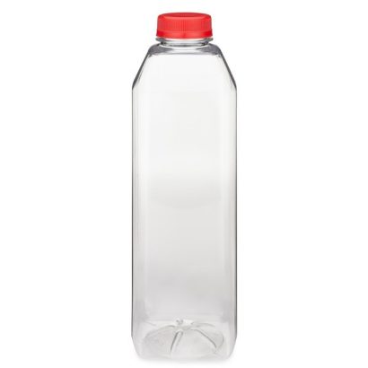 32 oz Clear PET Square Beverage Bottles (Red Tamper-Evident Cap)