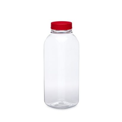 12 oz Clear PET Plastic Arched Square Beverage Bottles (Red Screw Top Cap)